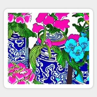 Blue and pink flowers in chinoiserie jars Sticker